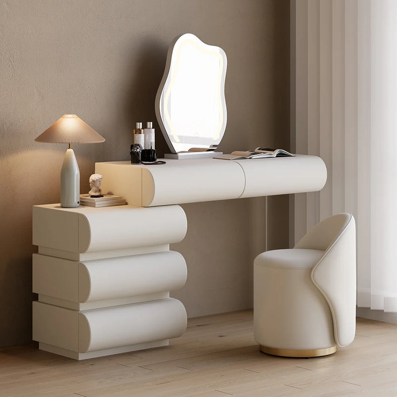 Modern White Makeup Vanity Set PU Leather Dressing Table with Stool