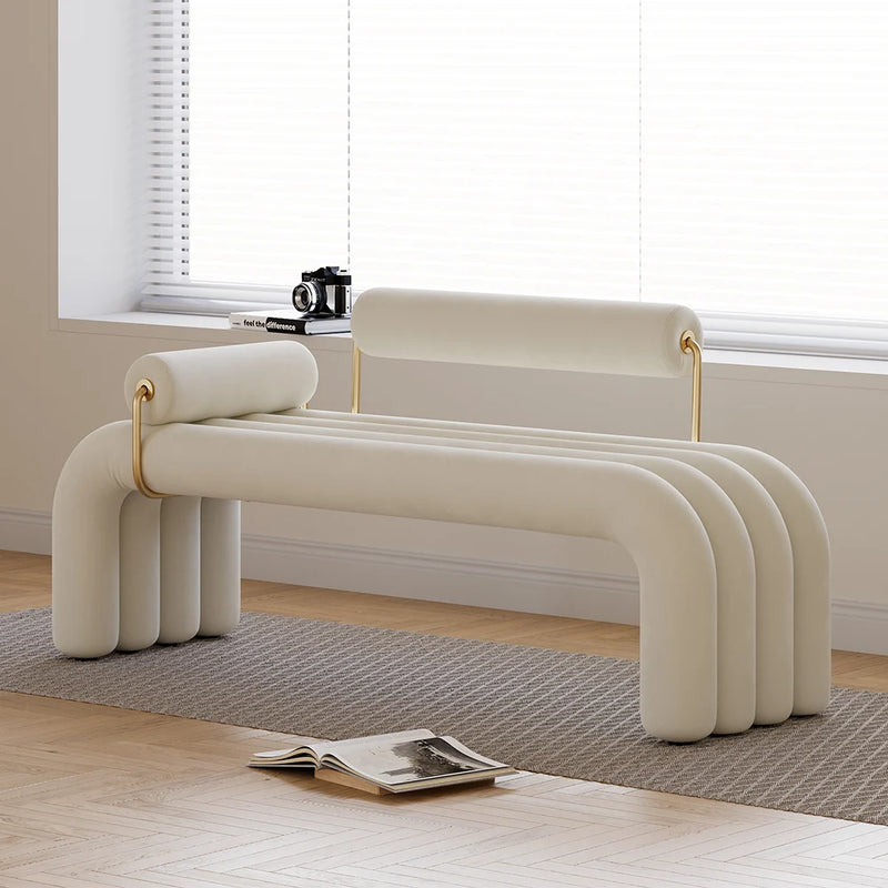 Modern White & Brown Line Tufted Bench Velvet Upholstered Bench in Gold Finish