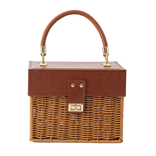 Bamboo Leather Woven Rattan Carrying Basket HandBag Candy Tote By APT