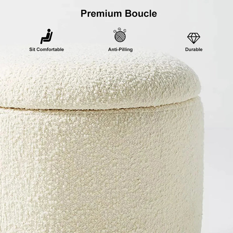 Modern White Boucle Vanity Stool With Lifted Top Storage Round Ottoman