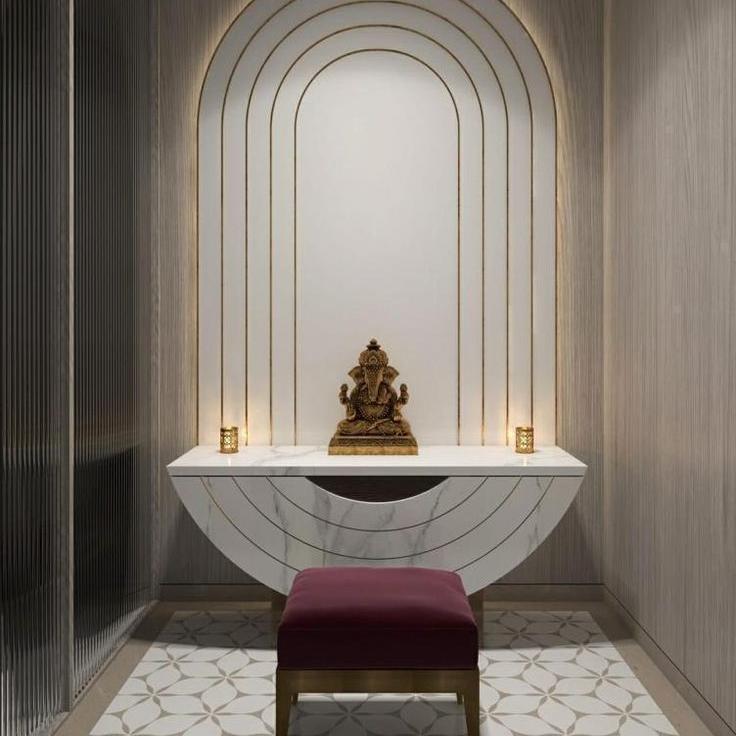 Luxurious Puja Room Design Featuring Ganesha Idol, Marble Texture Console With Stool