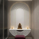 Luxurious Puja Room Design Featuring Ganesha Idol, Marble Texture Console With Stool