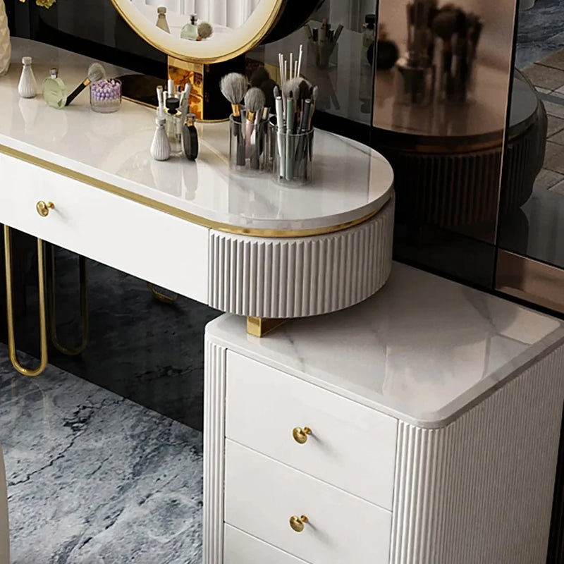 Modern Makeup Vanity Table with Side Cabinet 4 Drawers & Faux Marble Top in White