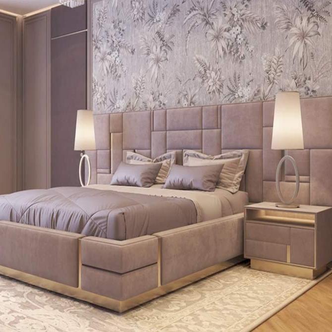 Modern Geometric Upholstered Wall Panels - Elegant Square & Rectangular Home Interiors/ A Luxury Bed With Side Table