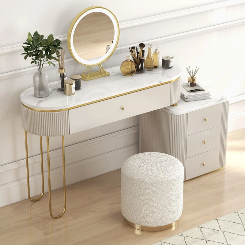 Modern Makeup Vanity Table with Side Cabinet 4 Drawers & Faux Marble Top in White