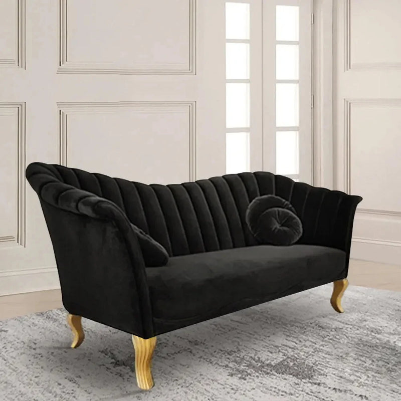 Black Velvet Upholstered Sofa Channel Tufted 3-Seater Sofa