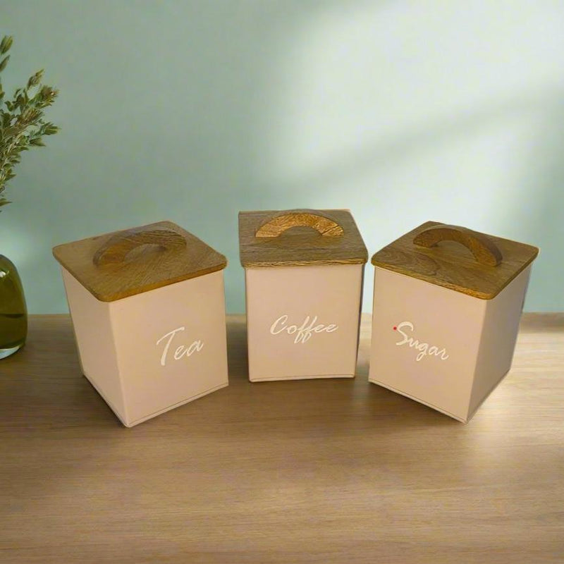 Textured Sand kitchen Storage Canisters With Air Tight Mango Wood Lid- 3 Food Storage Containers For Coffee, Tea & Sugar