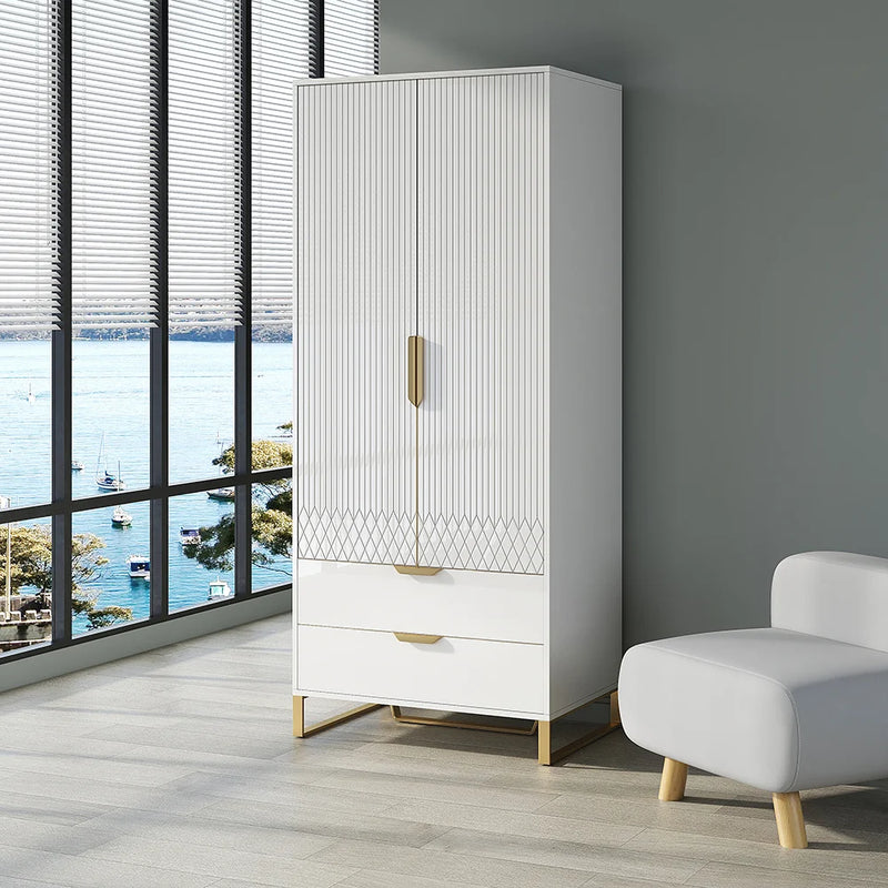 Modern White & Black Tall Wardrobe with Storage Bedroom Clothing Armoire