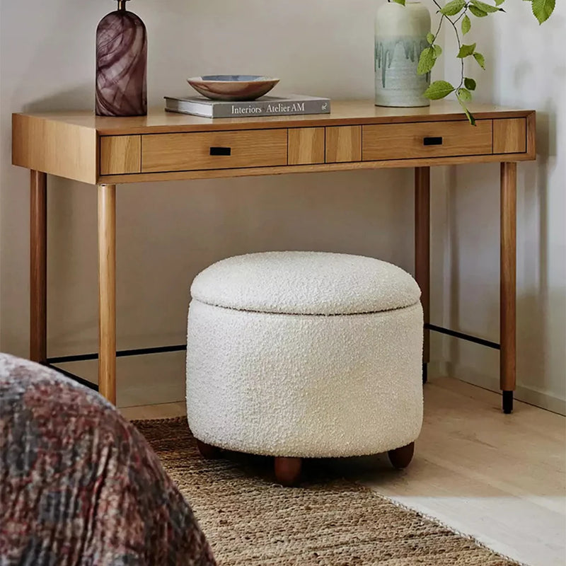 Modern White Boucle Vanity Stool With Lifted Top Storage Round Ottoman