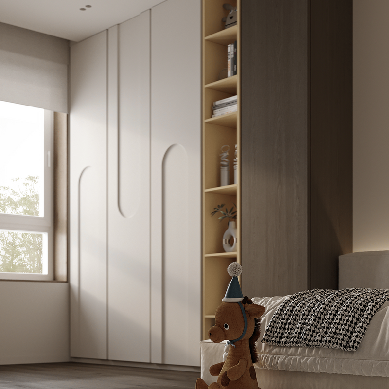 Contemporary Wardrobe With Geometric Paneling And Illuminated Display Shelves