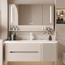 Modern Bathroom Vanity Unit With Wall-Mounted Cabinet Featuring Curved Panel Detailing And Open Shelving For Minimalist Storage