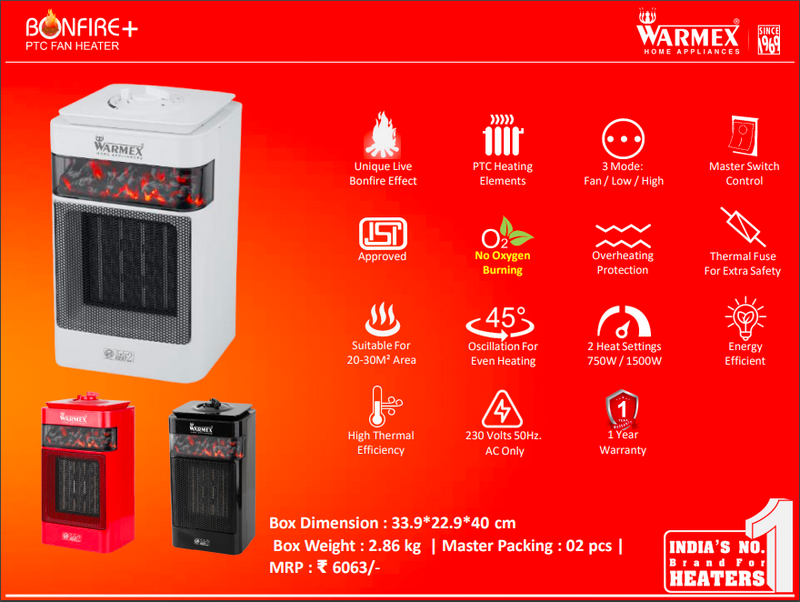 PTC BONFIRE+ Room Heater 750/1500 Watts By Warmex