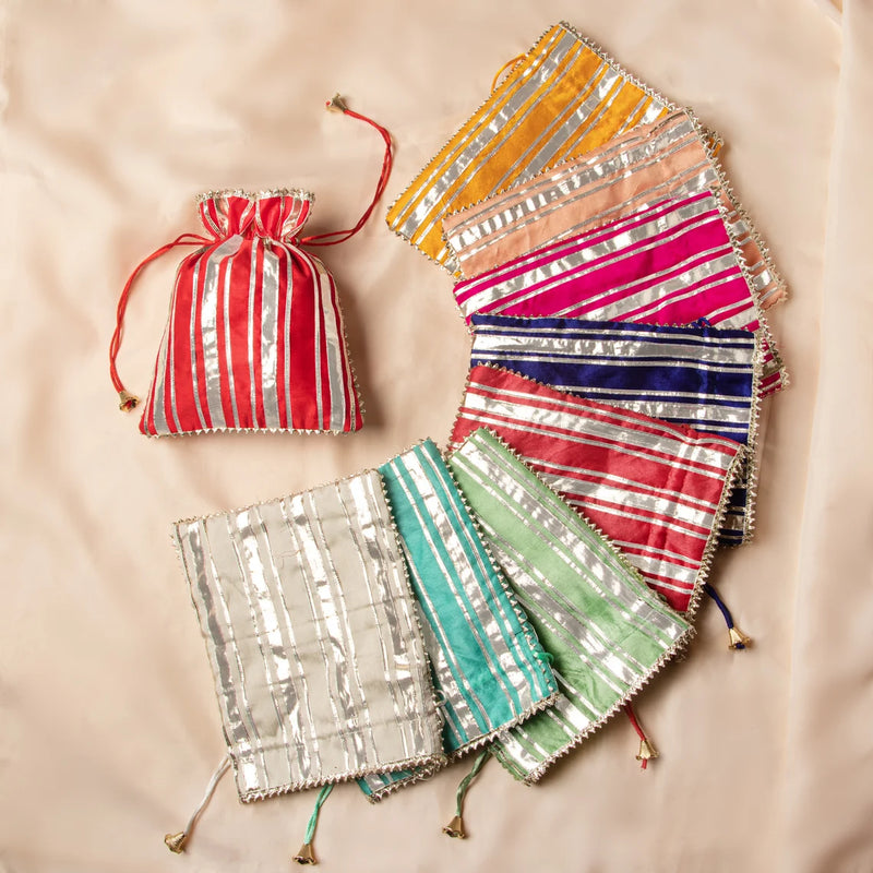 Colorful Potli Pouch Bag With Silver Gota Embellishment Perfect For Wedding & Festive Season 1PC (Random Color)