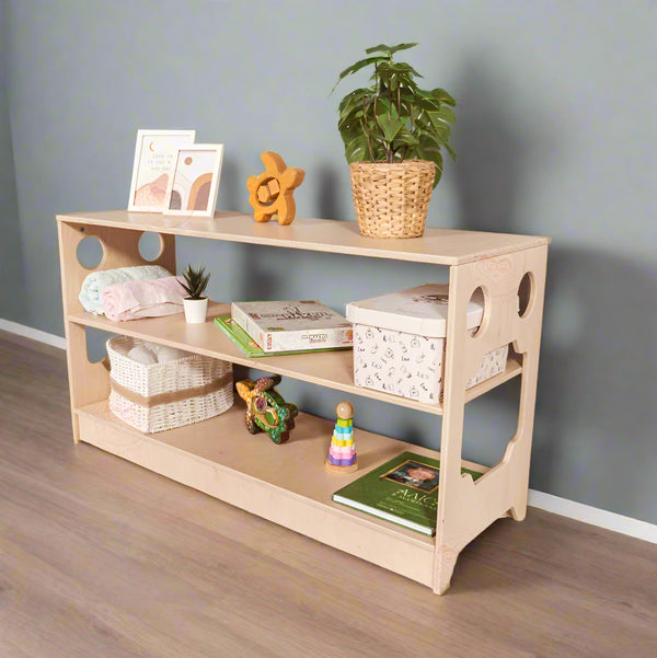 3 Tier Shelf, Low Open Shelf For Toddler, Wooden Floor Kids Organizer, Nursery Shelf for Storage By Miza