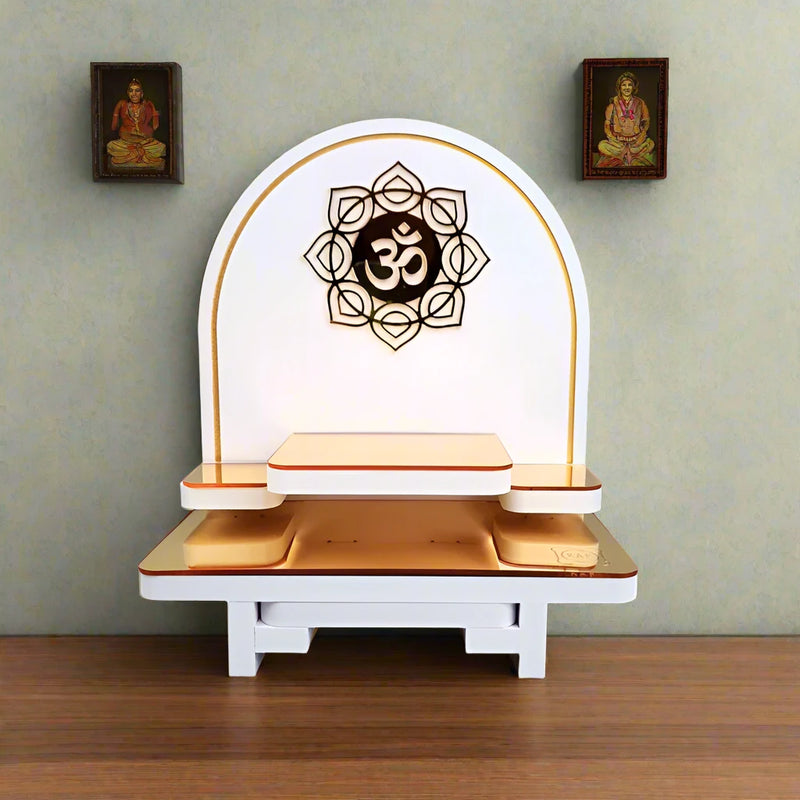 The Buddha Shrine Buddha Tree and Eight-pointed Om. Both designs are made from gold mirror acrylic