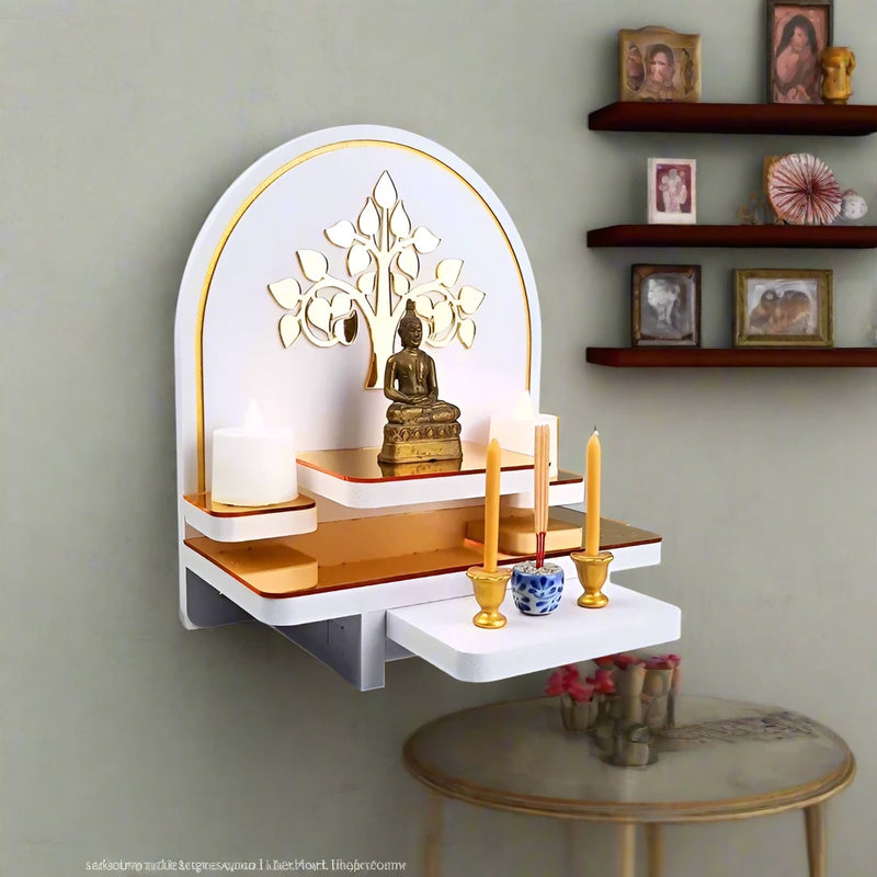 The Buddha Shrine Buddha Tree and Eight-pointed Om. Both designs are made from gold mirror acrylic