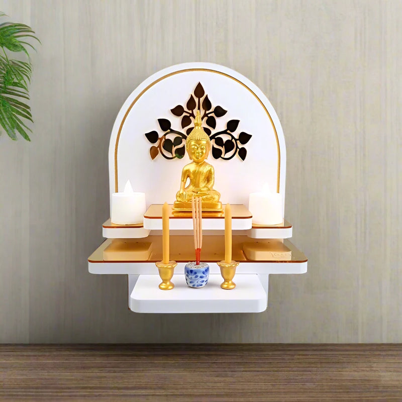 The Buddha Shrine Buddha Tree and Eight-pointed Om. Both designs are made from gold mirror acrylic