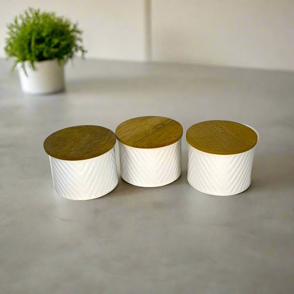 White Waves Kitchen Storage Small Canisters With Mango Wood Lid -3 Storage Containers