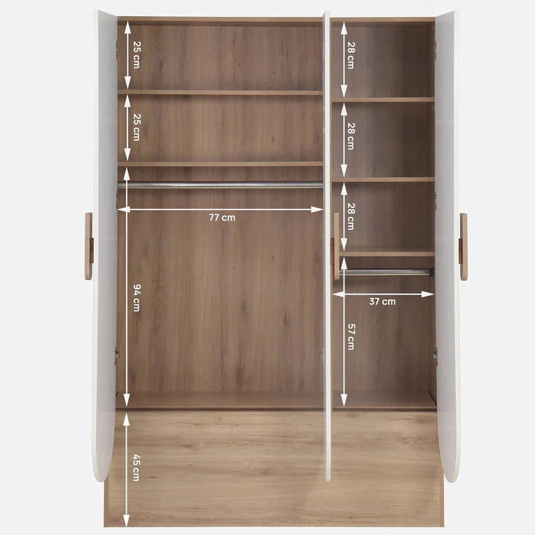 3 Door Wardrobe In Oak & Frosty White Finish With Hidden Storage