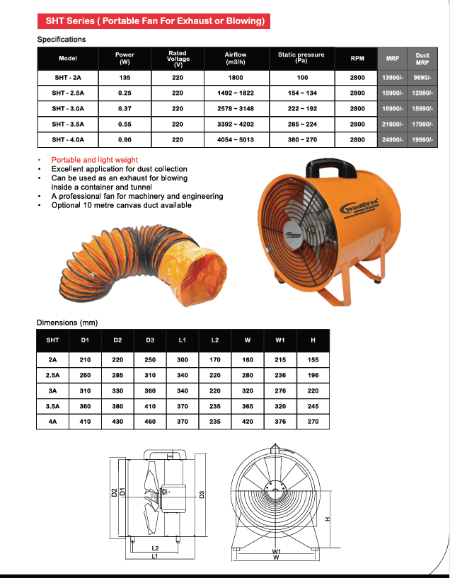 SHT Series Portable Fan For Exhaust Or Blowing By Wadbros