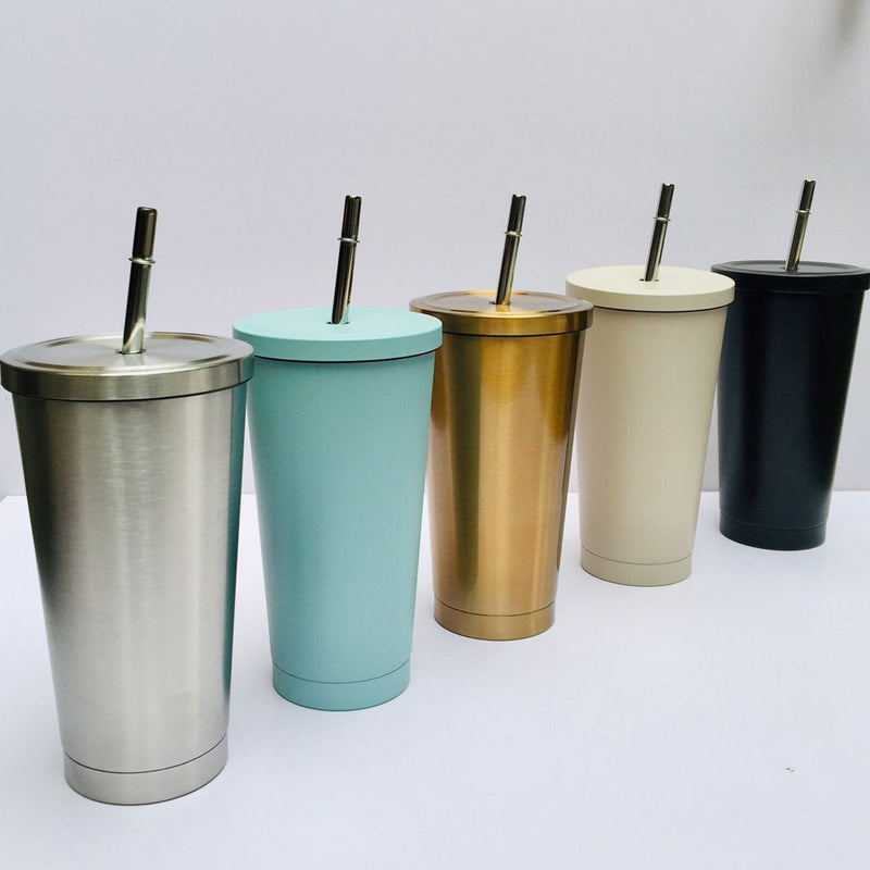 500ml 304 Stainless Steel Travel Coffee Mug With Lid & Metal Straw