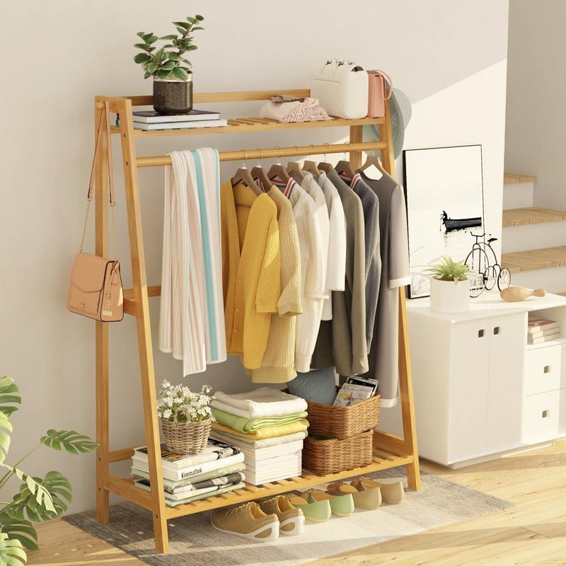 Louis Fashion Clothes Rack Simple Floor Bedroom Shelf in Polished Wood –